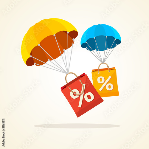 Vector parachute with paper bag sale. Flat Design