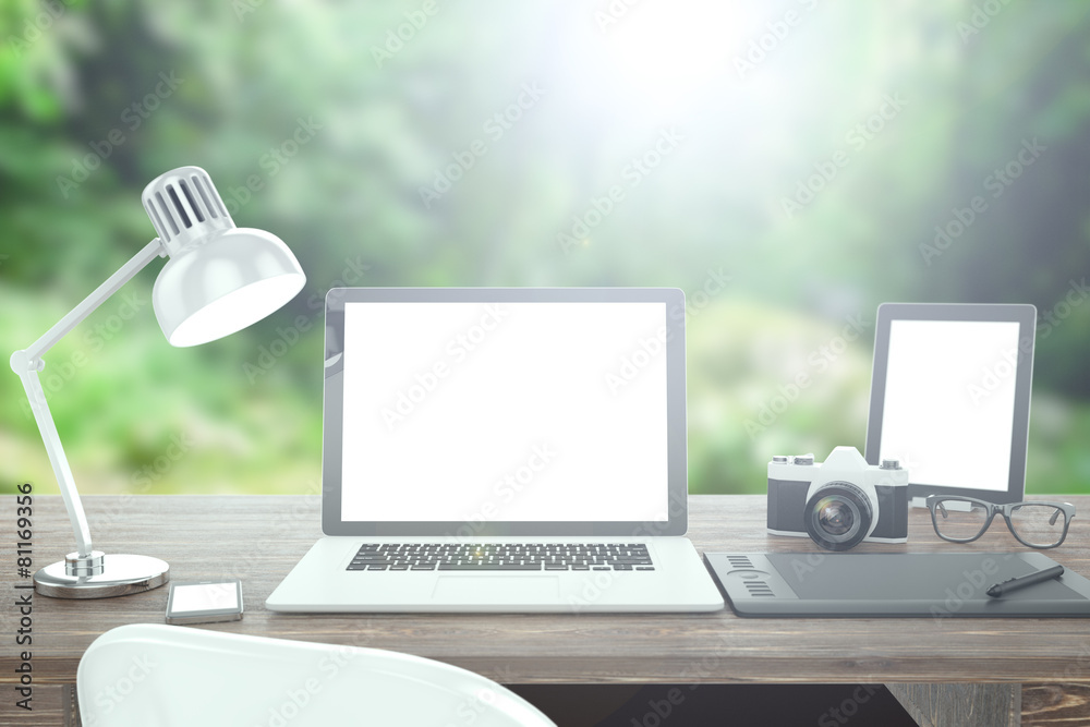 3D illustration laptop on table, Workspace on nature 3D illustration laptop on table, Workspace on nature