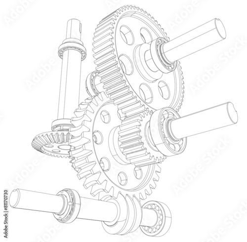 Reducer consisting of gears, bearings and shafts. Vector