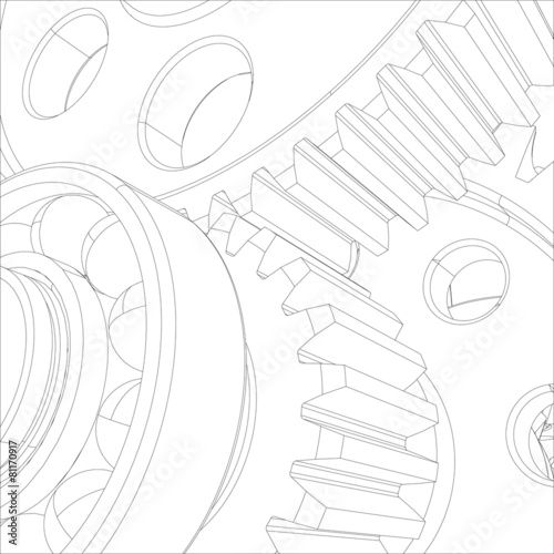 Gears with bearings and shafts. Close-up. Vector