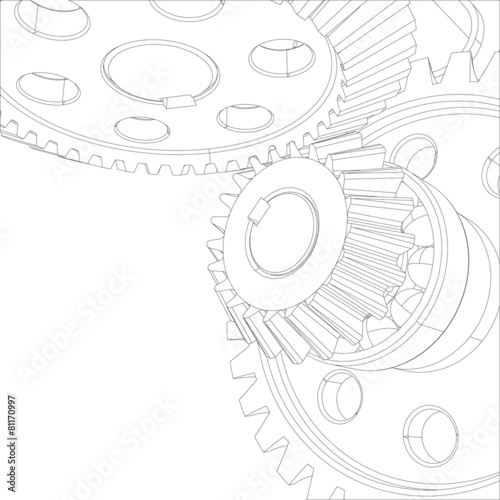 Wire-frame gears with bearings and shafts. Close-up. Vector