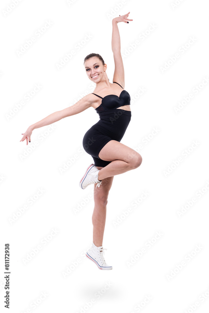 woman gymnast jumping, isolated on white