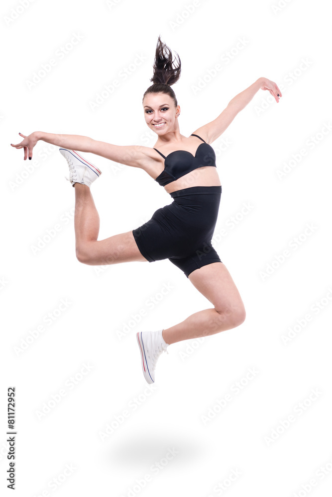 woman gymnast jumping, isolated on white