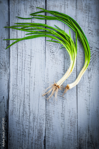 Spring onions over blue wooden table