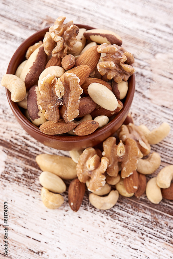 Mix nuts  on wooden  background