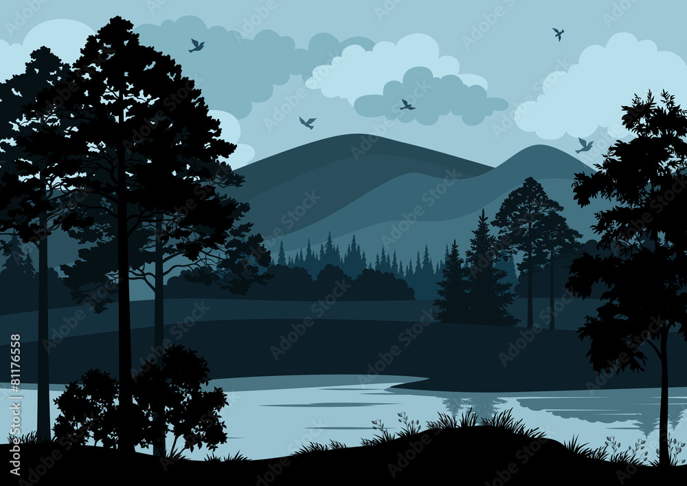 Fototapeta premium Landscape, Trees, Lake and Mountains