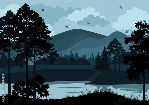 Landscape, Trees, Lake and Mountains