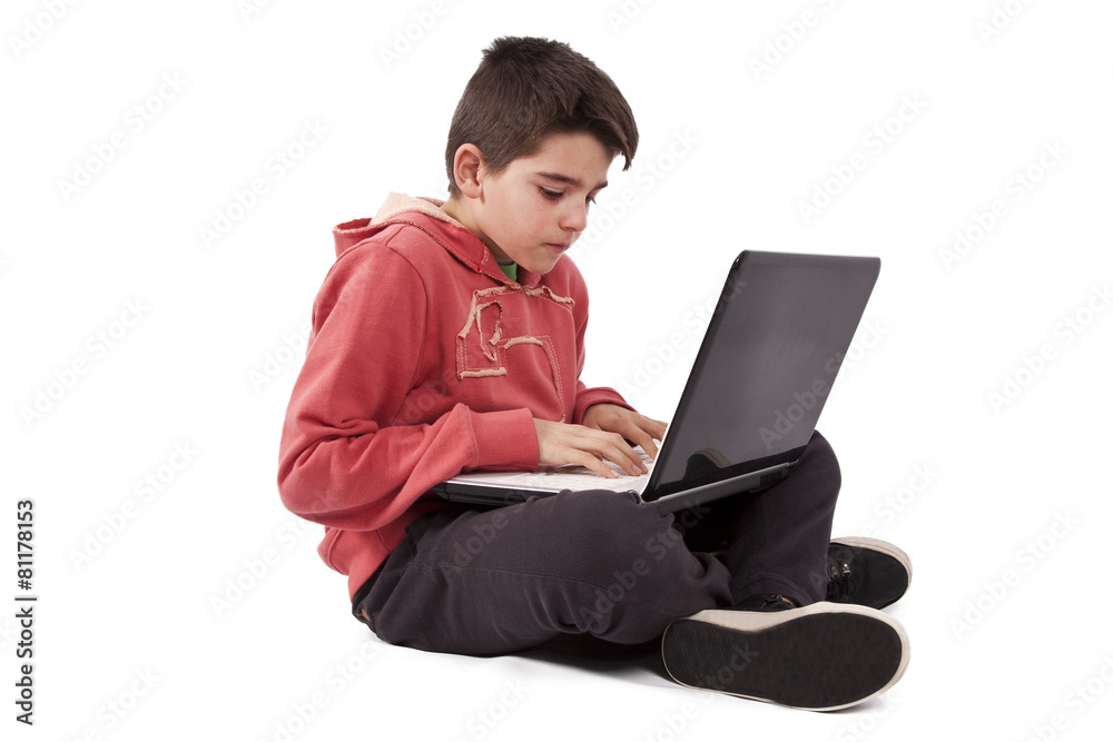 child with computer isolated on white child with computer isolated on white