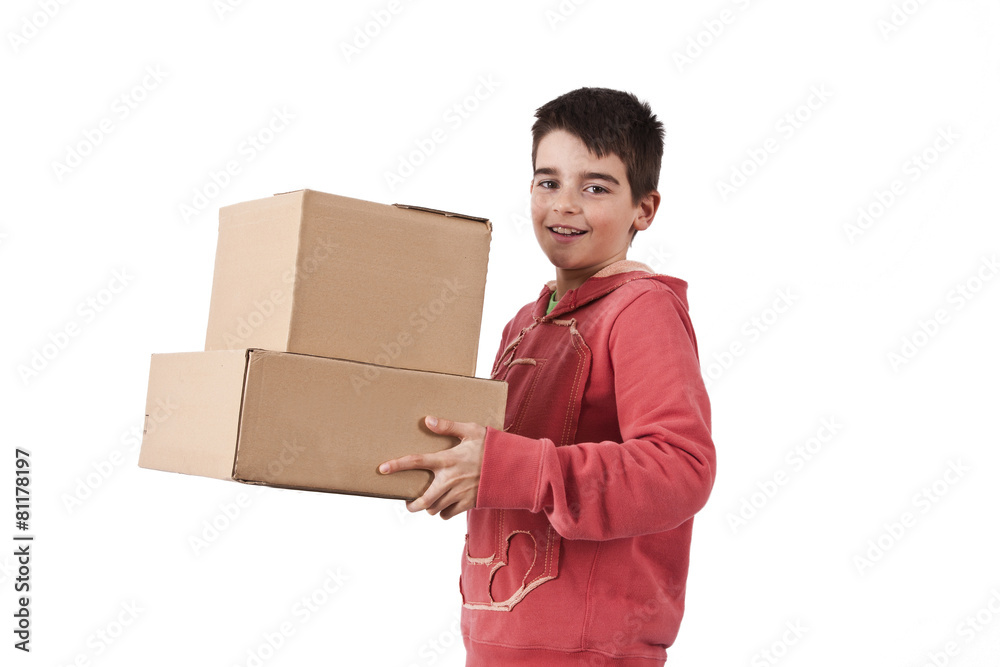 child with carton package isolated on white child with carton package isolated on white
