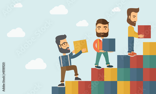 Three men with blocks