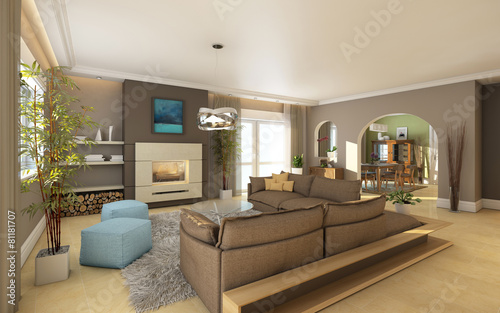 Living Room With Chimneu And Dining Room © nazarart