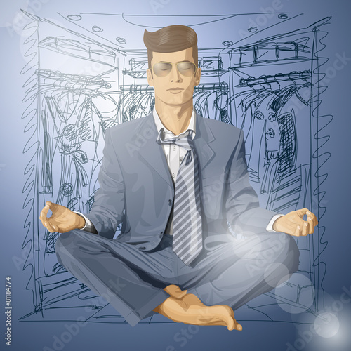 Vector Hipster Businessman in Lotus Pose Meditating