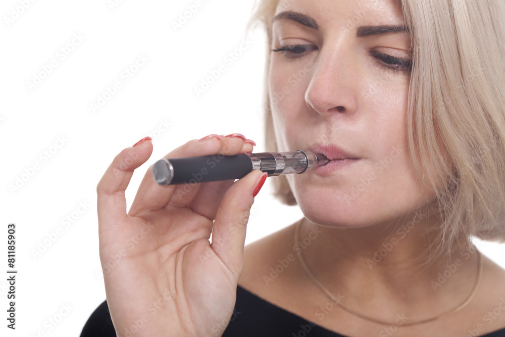Close up Blond Woman Smoking Using E- Cigarette Close up Blond Woman Smoking Using E- Cigarette