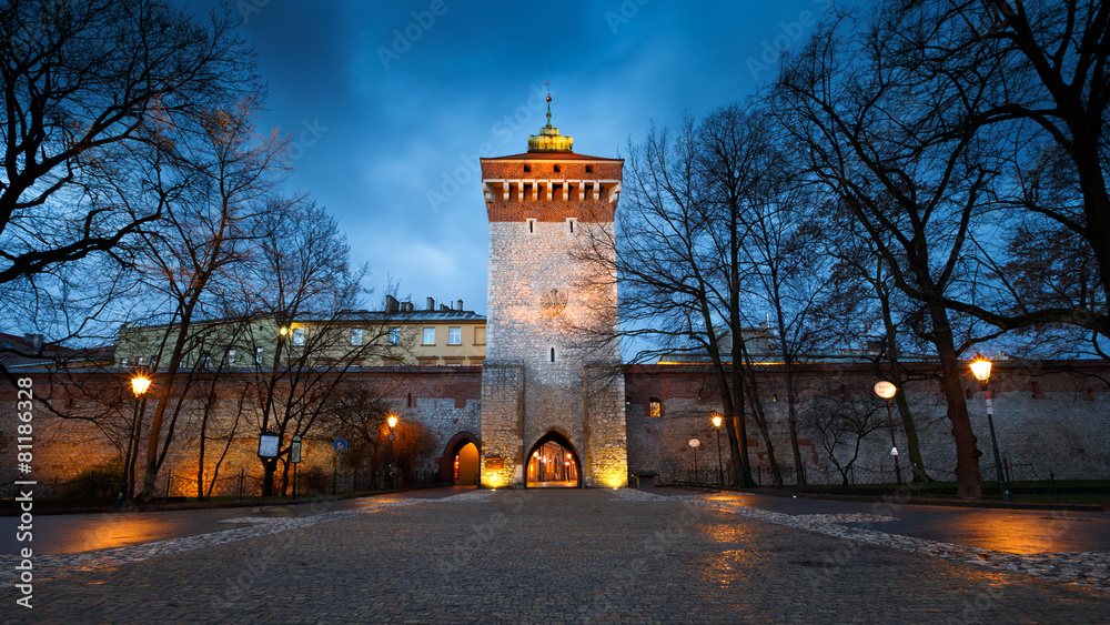 City wall in the old town of Krakow, Poland. - obrazy, fototapety, plakaty 