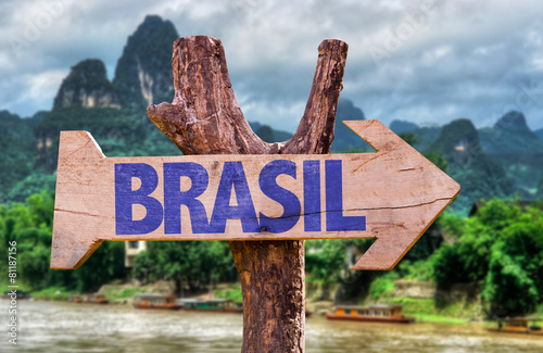 Brazil (in Portuguese) wooden sign with forest background photo