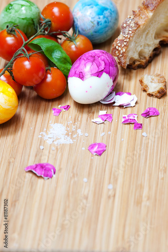 Egg, bread, tomato, wooden board, organic