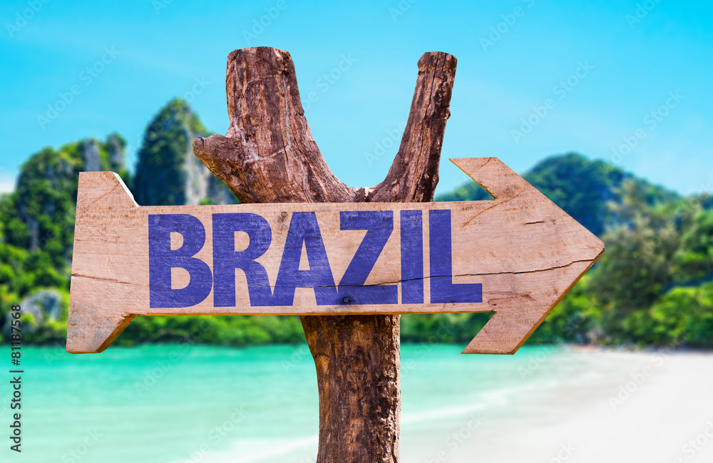 Brazil wooden sign with beach background