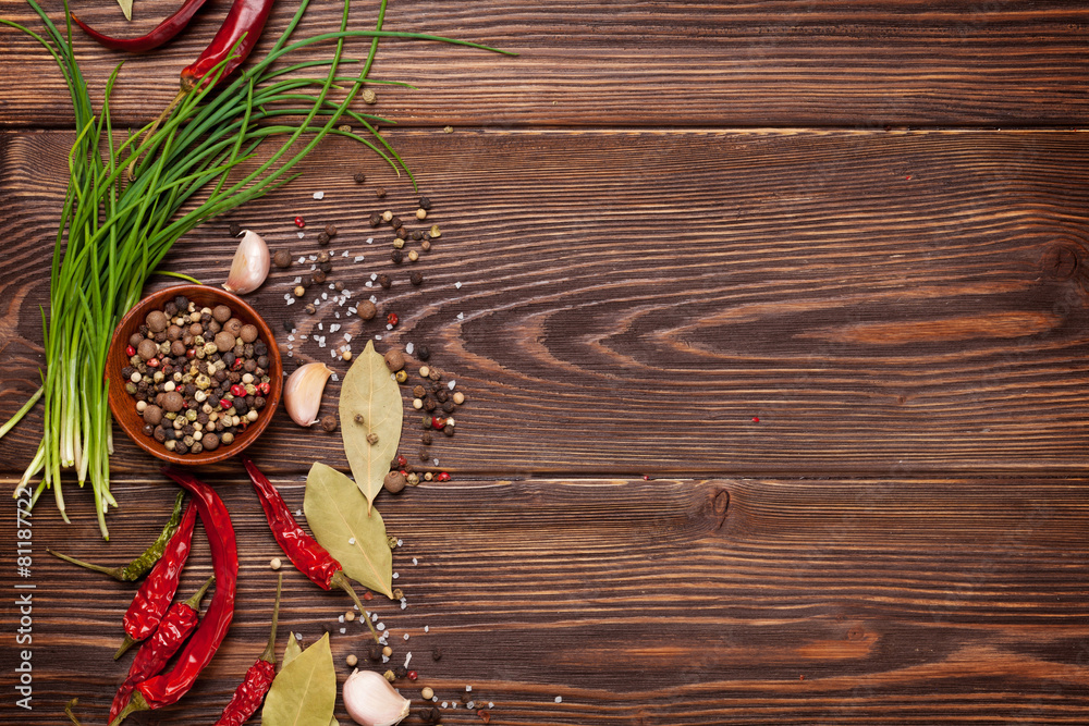 Various spices on wooden background Various spices on wooden background