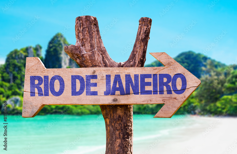 Rio de Janeiro wooden sign with beach background