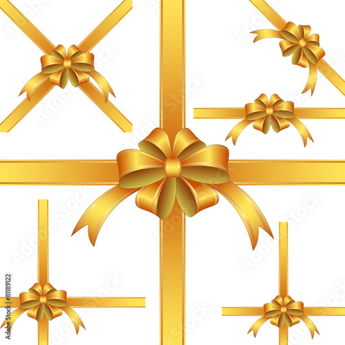 set of isolated golden ribbon and bow for gift