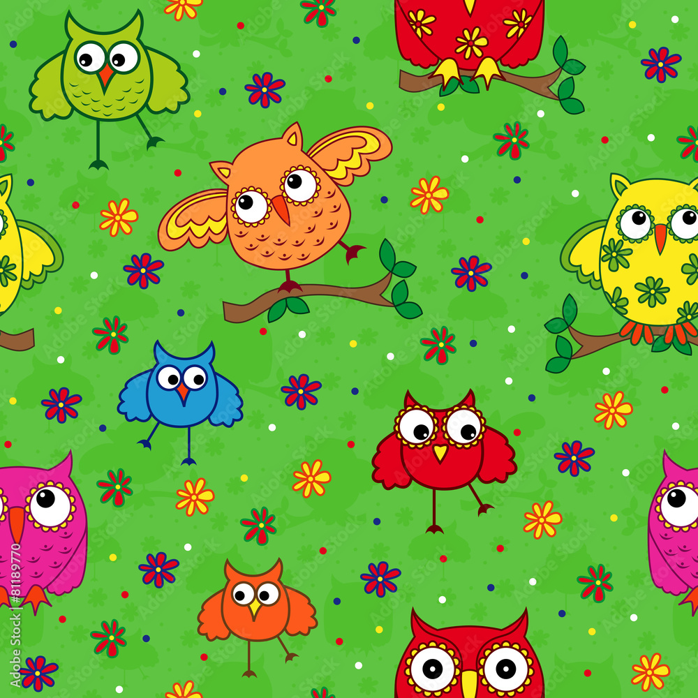 Seamless pattern with ornamental owls over green Seamless pattern with ornamental owls over green
