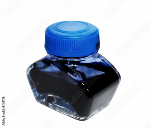 blue writing ink bottle half empty, isolated on white