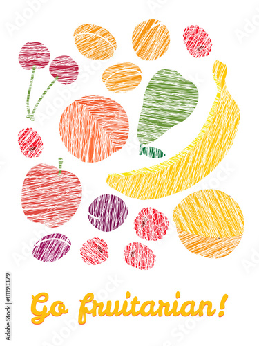 'Go fruitarian!' card. Colorful postcard with scratched fruits.
