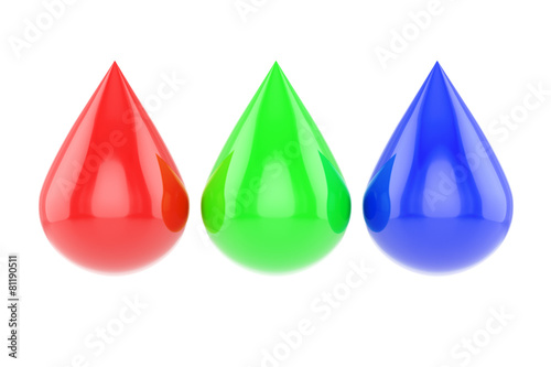 Three glossy rgb drops isolated on white background