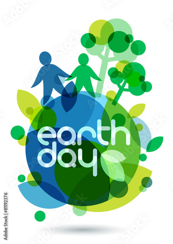 Two people silhouettes and green trees on the Earth. Abstract ve