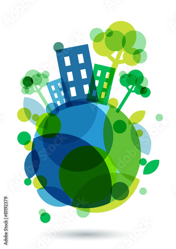 Colorful house silhouette and green trees on the Earth. Abstract