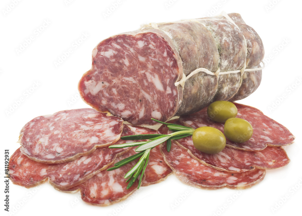 sliced salami isolated on a white background sliced salami isolated on a white background