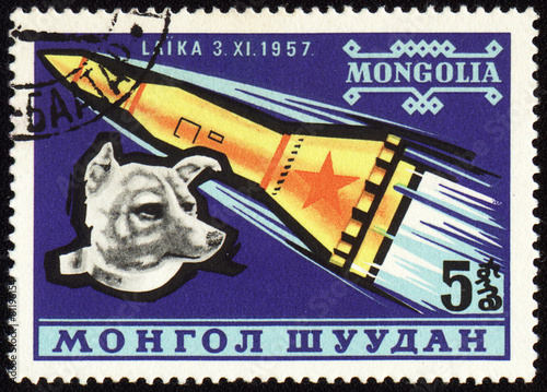 Soviet rocket and dog Laika on Mongolian post stamp