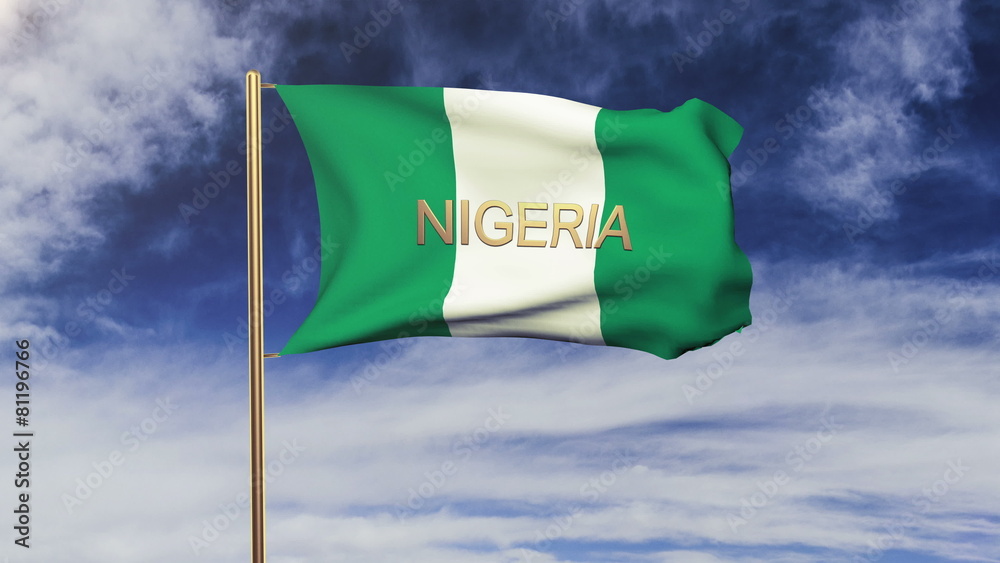 Nigeria flag with title waving in the wind. Looping sun rises