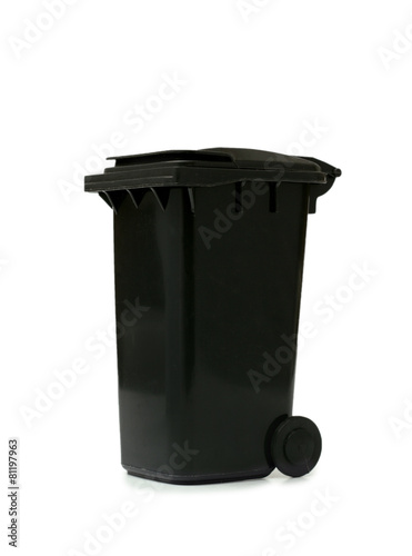 Black garbage bin on white background