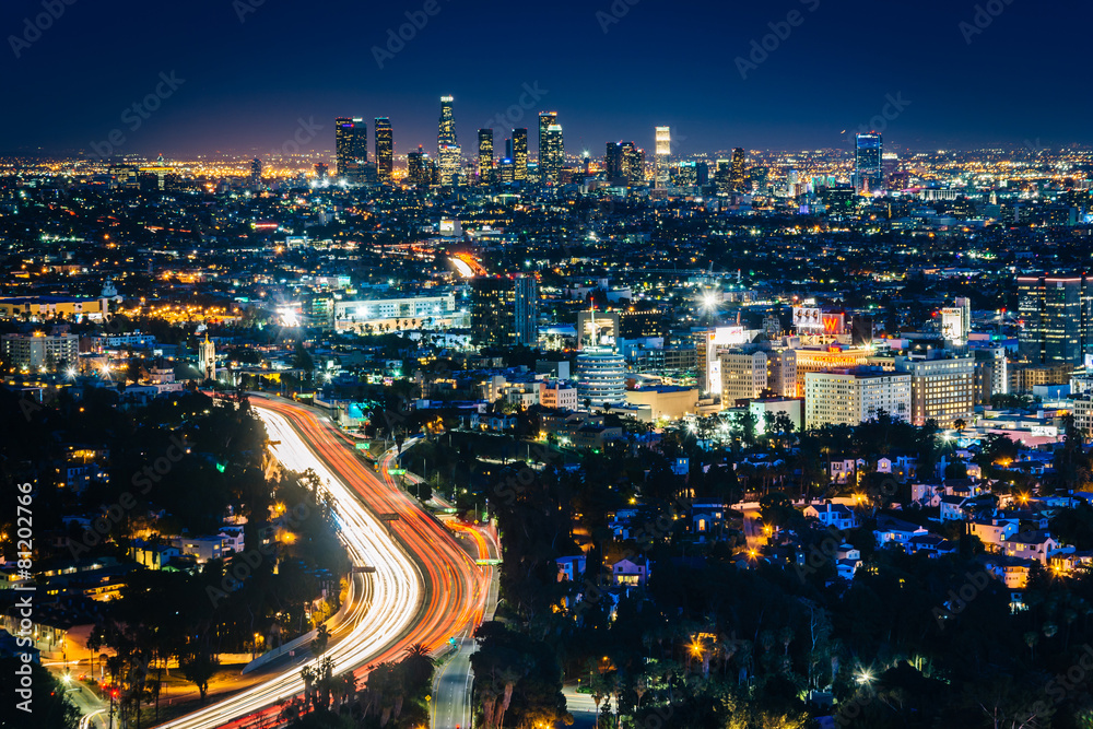 View of the Los Angeles Skyline and Hollywood at night from the