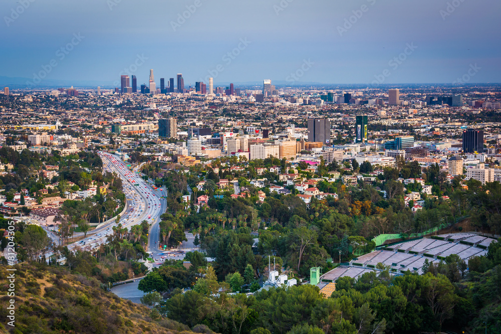 Evening view of the Los Angeles Skyline and Hollywood from the H