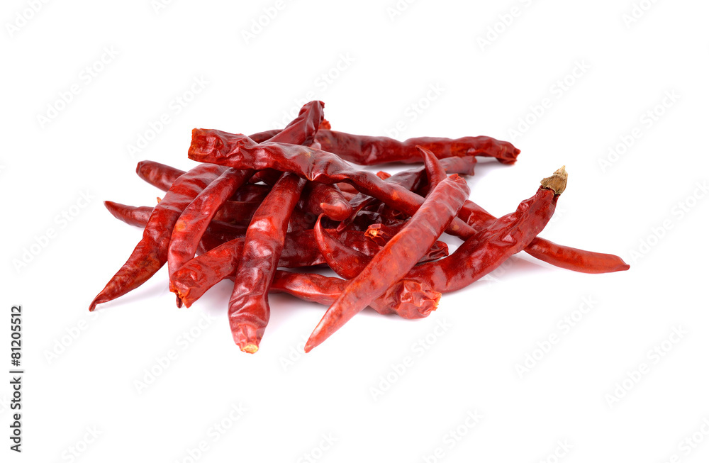 dried red hot chili peppers on white background