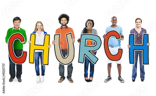 Diverse Casual People Holding Text Church Concept photo