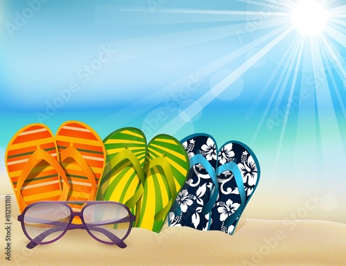 summer beach sandals colorful flip- flops with sunglasses