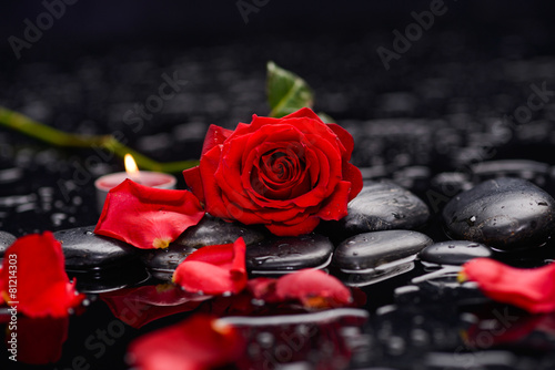 Fototapeta Naklejka Na Ścianę i Meble -  Still life with Red rose ,candle and wet stones