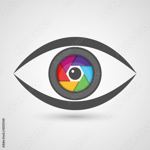 Icon eye as camera lens with colorful diaphragm shutter.