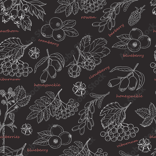 Seamless pattern with forest berries on dark background