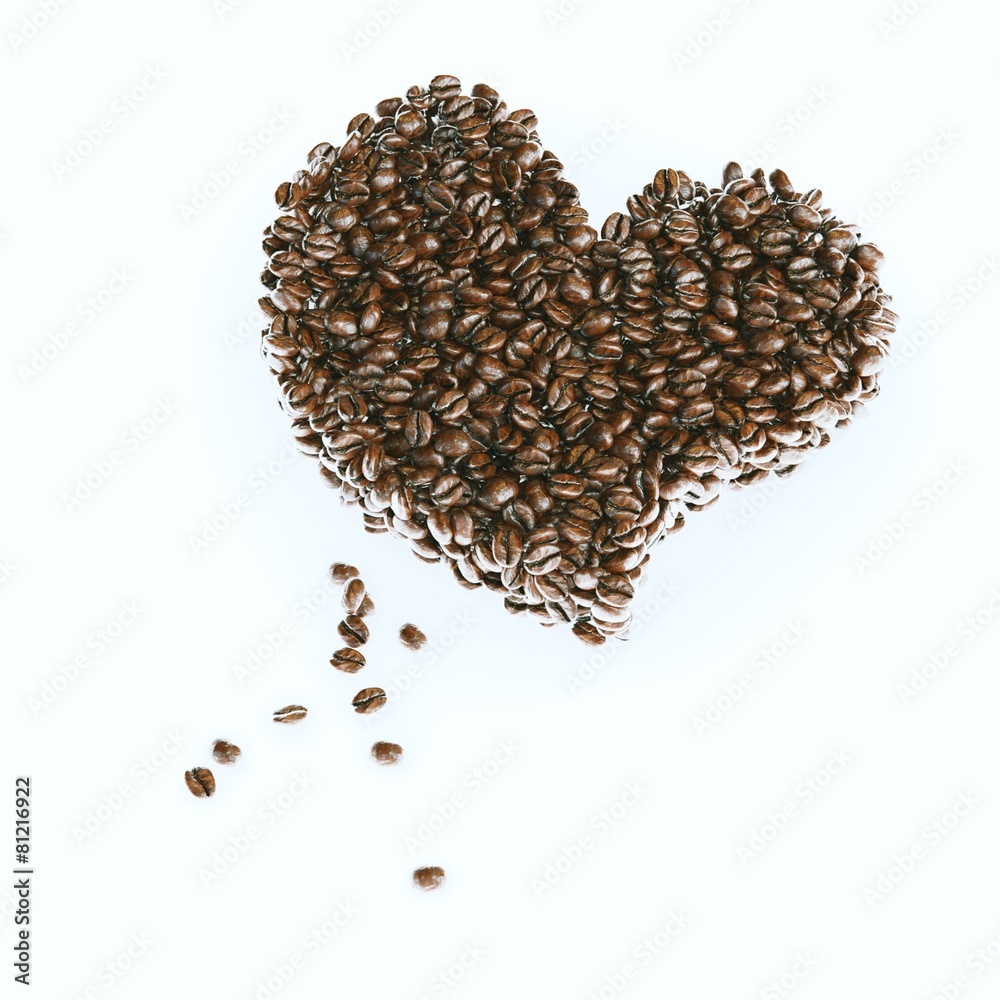 Coffee beans stacked in a heart shape on white background Coffee beans stacked in a heart shape on white background