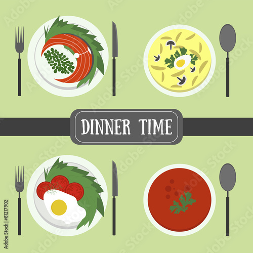 Flat food for dinner. Soup, fish, fried eggs