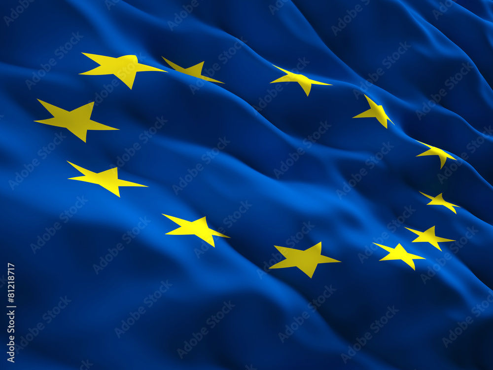 3d image of a blue european union flag with yellow stars. nobody around. moving waves. 3d image of a blue european union flag with yellow stars. nobody around. moving waves.