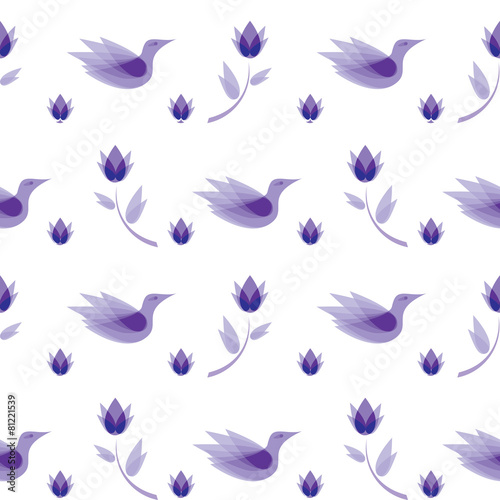 vector seamless pattern abstract flowers, birds