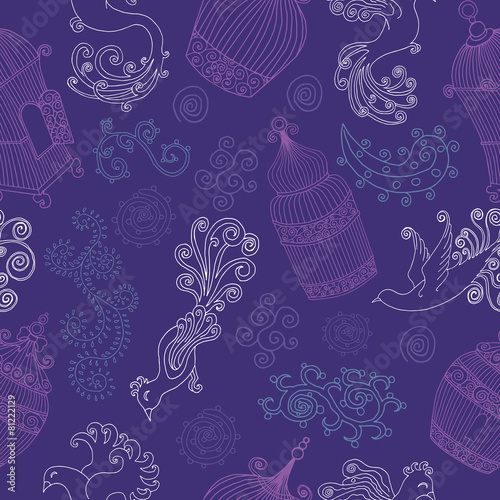Seamless background with birds, cages and decorations on purple