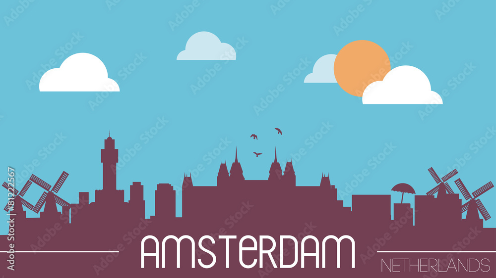 Amsterdam Netherlands skyline silhouette flat design vector