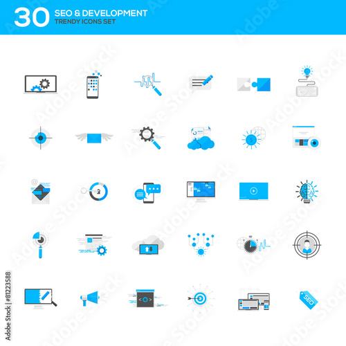 Set of modern flat design SEO and development icons