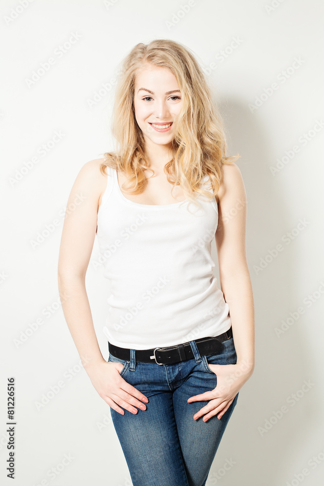 Happy woman standing on background Happy woman standing on background